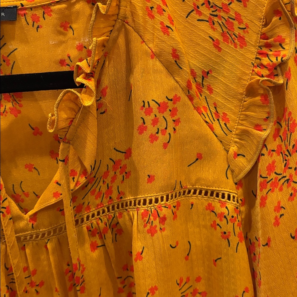 Ann Taylor Mustard Floral Ruffle Blouse
